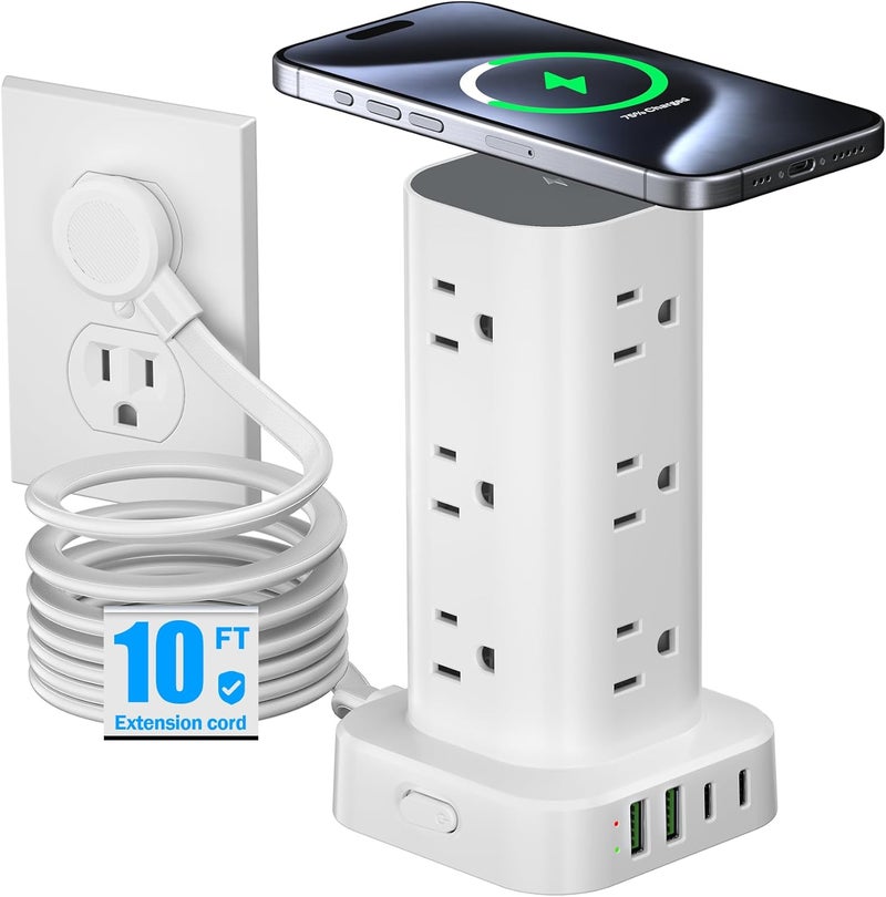 Pluackg شريط الطاقة البرجي مع شاحن لاسلكي بقوة 15 واط، سلك تمديد مسطح بطول 10 أقدام مع مآخذ متعددة، 12 مخرج تيار متردد، 4 منافذ USB (2 USB C) محطة شحن وحماية من زيادة التيار للمكتب والمنزل وغرفة النوم (أبيض) - Image 1